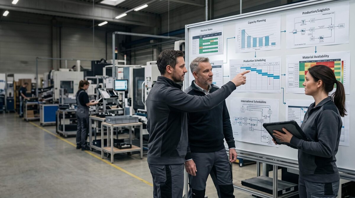 Fachkräfte stimmen die Produktionsplanung über mehrere Anwendungen hinweg ab
