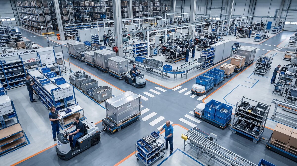 Mitarbeitende steuern die Materialbereitstellung in der Fabrik