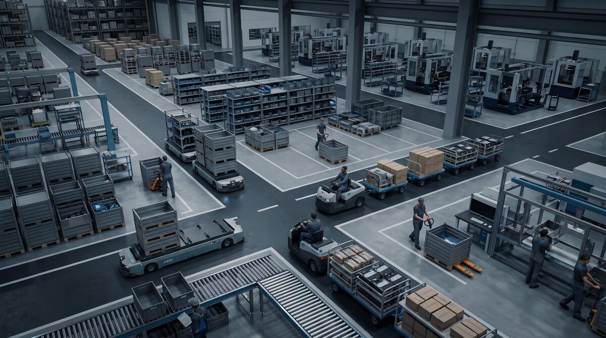 Mitarbeitende organisieren die Materialbereitstellung in der Fabrik