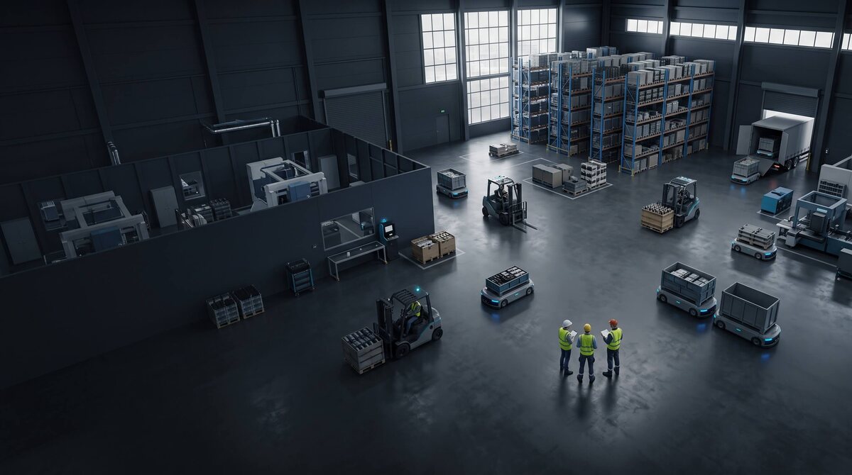Innerbetriebliche Logistik mit simuliertem Materialfluss zwischen Lager und Produktion