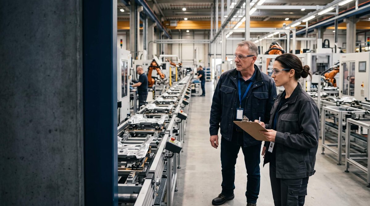 Ingenieurinnen und Ingenieure beobachten eine laufende Produktionslinie