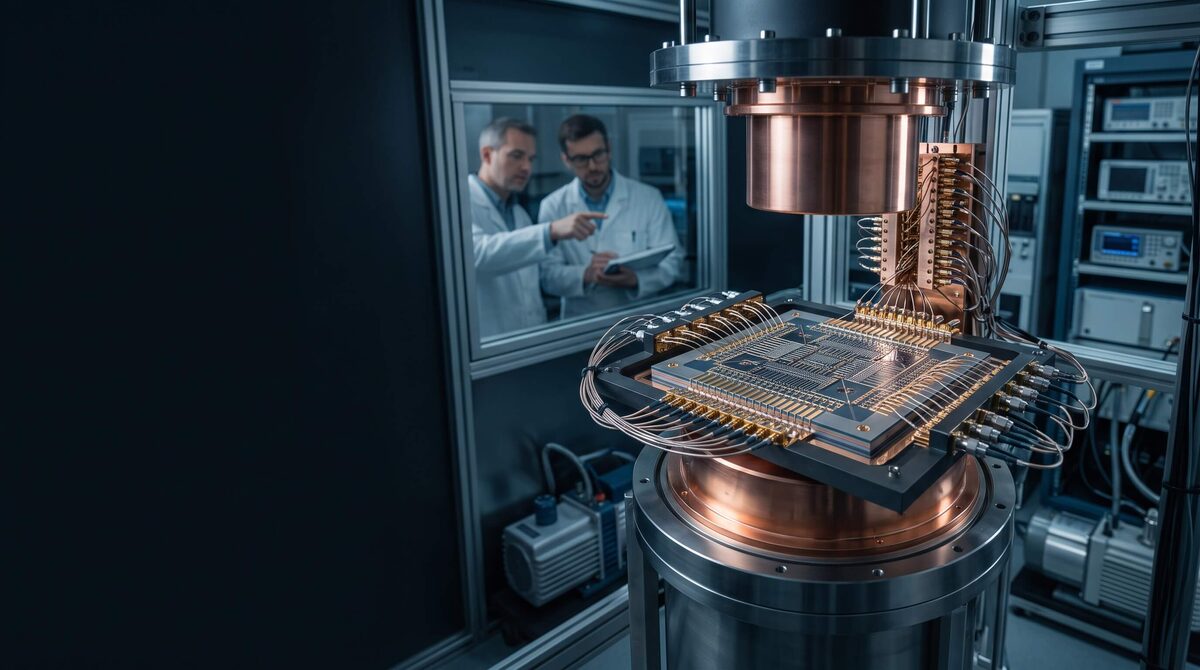 Ingenieurinnen und Ingenieure begutachten einen Quantenprozessor