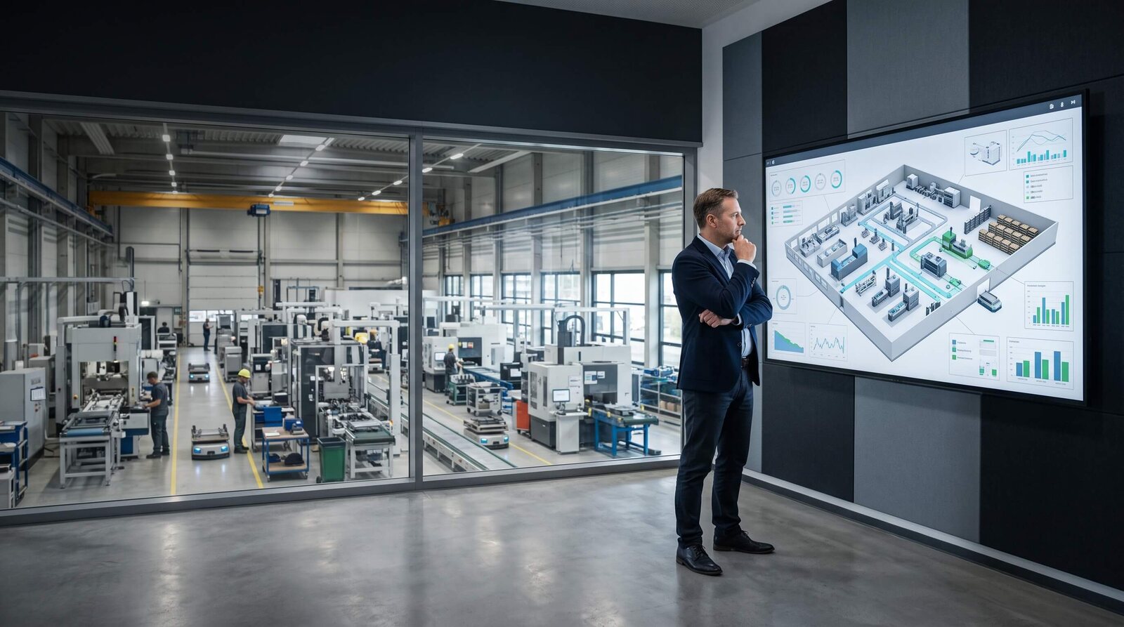 Verantwortlicher betrachtet das digitale Abbild der Fabrik in 2D und 3D