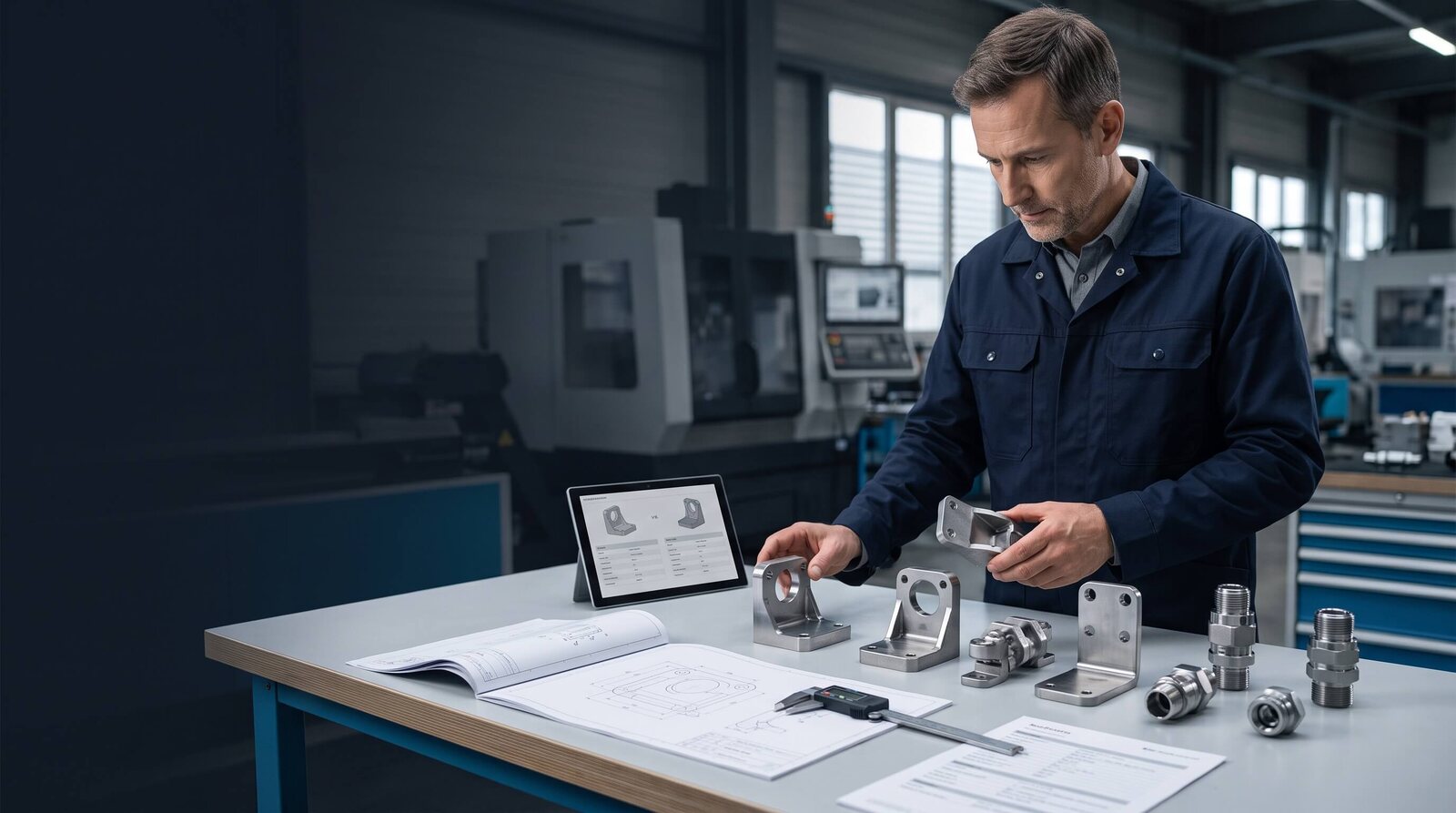Einkäufer vergleicht ähnliche Industriebauteile anhand ihrer technischen Merkmale
