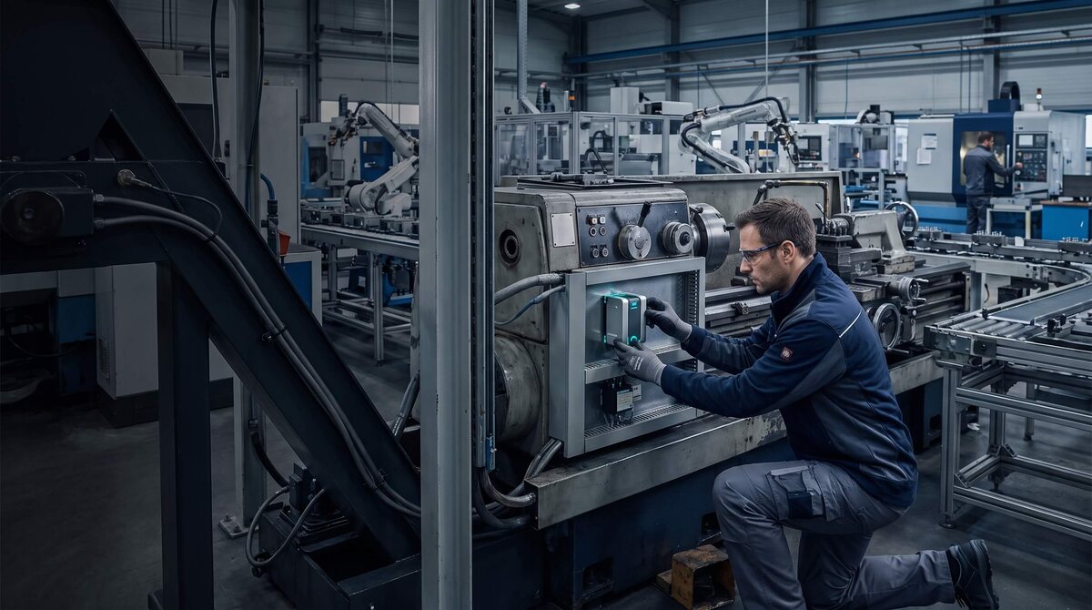 Technikerin rüstet eine bestehende Anlage nach