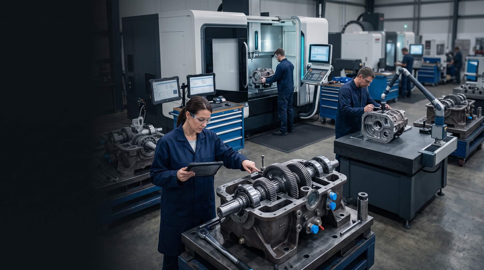 Ingenieurinnen und Ingenieure planen einen industriellen Fertigungsprozess
