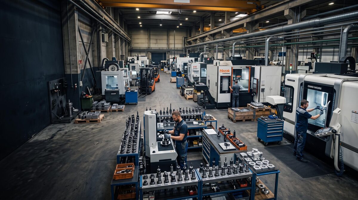 Mitarbeitende bedienen CNC-Maschinen in der Fertigung